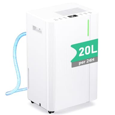 Deshumidificateur d Air - 20L/Jour Déshumidificateur Electrique Silencieux avec Compresseur, 3 Modes, Drainage Continu, Réservoir 5L, Minuterie 24h, Contre l'Humidité pour Maison/Appartement/Cave