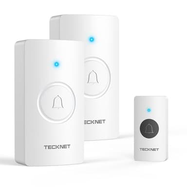 TECKNET Sonnette de porte sans fil IP55 étanche à piles jusqu'à 496,2 m de long avec 60 mélodies et 5 niveaux de volume, flash LED, autonomie de 4,5 ans（1 émetteur 2 récepteurs）