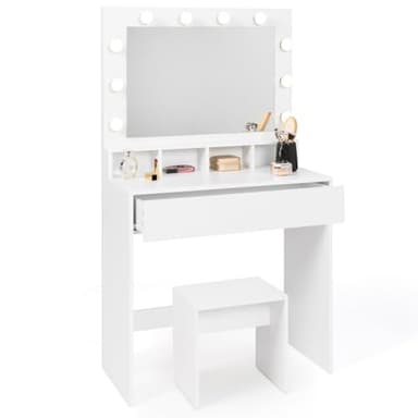 IDMarket - Coiffeuse Zelia Miroir LED avec 4 niches, 1 tiroir et Tabouret