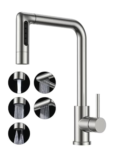 FORIOUS Robinet Cuisine, Mitigeur Cuisine avec Douchette Extractible, 5 Modes de Pulvérisation, Acier Inoxydable Pivotant à 360°, Poignée Unique pour l'Eau Chaude et Froide Robinet Evier