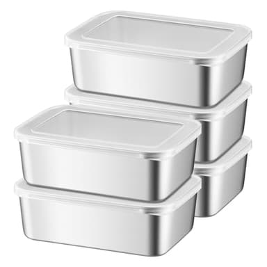 Sporgo Lot de 5 boîtes de conservation avec couvercles : 1100 ML Boîtes de conservation en acier inoxydable, réutilisables pour congélation, boîtes de stockage, boîtes de rangement pour la cuisine