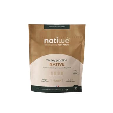 NATIWÉ - Whey Protéine Native - Goût Chocolat - Prise De Masse - Meilleure Densité Osseuse, Récupération & Performance - 22,2% De BCAA - Lait De Vache Français - 23g De Protéines/Dose - Sachet 1kg