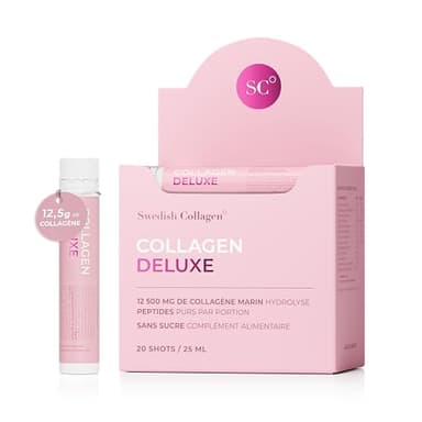 Swedish Collagen Deluxe | Complément liquide de collagène marin hydrolysé 12 500 mg - 20 doses quotidiennes de 25 ml | Acide hyaluronique, biotine et vitamine C pour des cheveux, une peau, des ongles