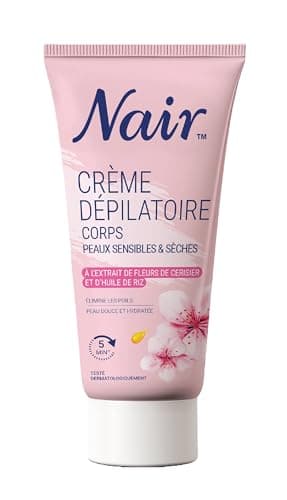 NAIR - Crème Dépilatoire Corps spécial Peaux Sèches & Sensibles, aux Extraits de Fleur de Cerisier & d'Huile de Riz, Formule Hydratante, Tube de 200ml et spatule