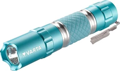 VARTA Lampe Torche LED incl. 1x pile AA, Lipstick Light, lumière, lampe de poche avec dragonne, boîtier en aluminium et poignée en caoutchouc, facile à trouver - brille dans le noir, turquoise