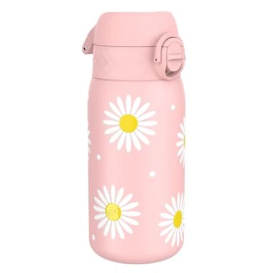 Ion8 Gourde Enfant, Inox Léger, 400ml, Non Isolé, Anti-Fuite, Facile à Ouvrir, Verrouillage Sécurisé, Lavable au Lave-Vaisselle, Poignée de Transport, Acier Inoxydable, Marguerites