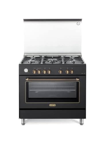De'Longhi PEMA 965 CSG Cuisine à Gaz, 90 cm, Four électrique multifonctionnel, 5 brûleurs, 1 double couronne, couvercle en verre, ligne country, couleur noire, classe énergétique A