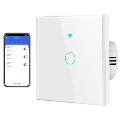 Interrupteur Connecté WIFI,Mural Interrupteur Tactile 1 Gang 1 Voie Compatible Alexa Interrupteur Tactile Normal Panneau en Verre Blanc 110V-240V Commutateur d'éclairage Mural pour Smart Life/Tuya APP