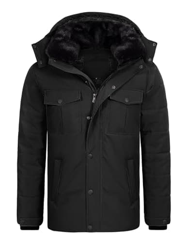 Tuopuda Homme Manteau d'hiver Chaud, Vestes Polaire Décontracté Parka Doublure Coupe Mince Manteaux Amovible Capuche Coupe-Vent Doudoune Zippé Épais Blouson Outercoat, Noir, XL