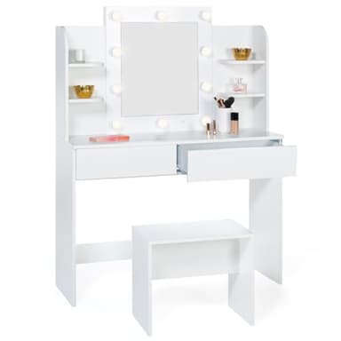 IDMarket - Coiffeuse Zelia Blanche Table de Maquillage 4 étagères, Miroir LED et Tabouret