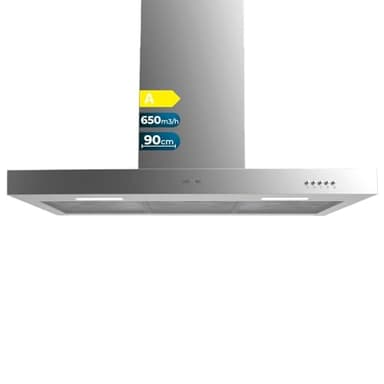 Cecotec Hotte Aspirante 90cm Bolero Flux TM 906500 Inox A. 165W Motor, Decorative with Stainless Steel Finish, 650m3/h Suction, Mechanical Control, 3 Power Levels, Light, and Carbon Filter