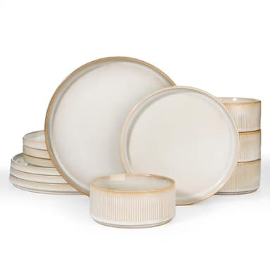 Richmount Star Set d'assiettes 12 pièces, Set de vaisselle 4 personnes, Set de vaisselle en faïence, Service de table anti-rayures, Micro-ondes & Lave-vaisselle, Cappuccino Blanc