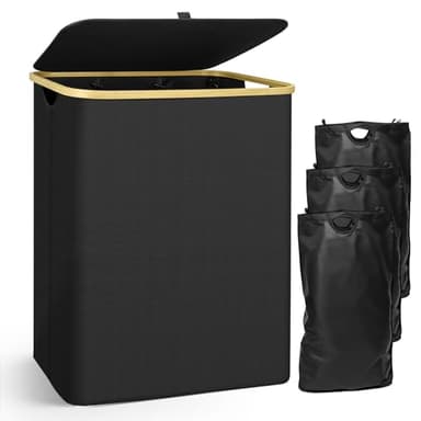 Panier à Linge Sale 160L avec 3 Compartiments de Tri et Couvercle, Pliable et Imperméable, Tissu Oxford, Sac Amovible Lavable en Machine, Organisation Buanderie Chambre