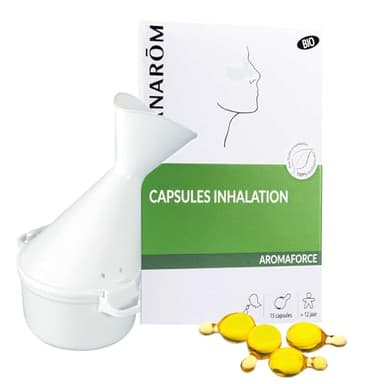 Pranarôm | Aromaforce | CAPSULES INHALATION BIO + INHALATEUR | Huiles Essentielles 100% biologiques | Dégage le nez | Santé respiratoire