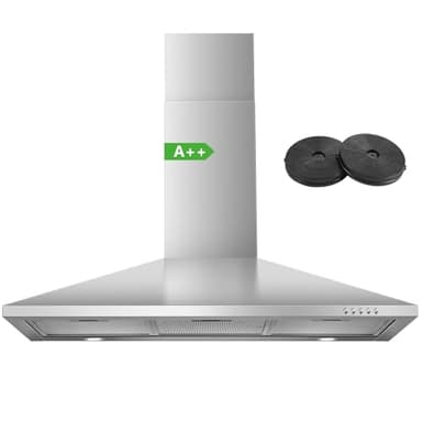 SNDOAS Hotte Aspirante 90cm, Hotte de Cuisine 350 m³/h, Classe A++ Hotte en Acier Inoxydable, Filtres à Charbon Inclus, 3 Niveaux de Vitesse, LED, Hotte Murale Evacuation ou Recyclage