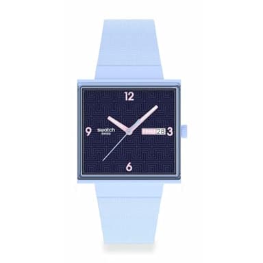 Swatch Montre carrée avec Bioceramic, cadran bleu foncé, bracelet bleu clair, affichage de la date