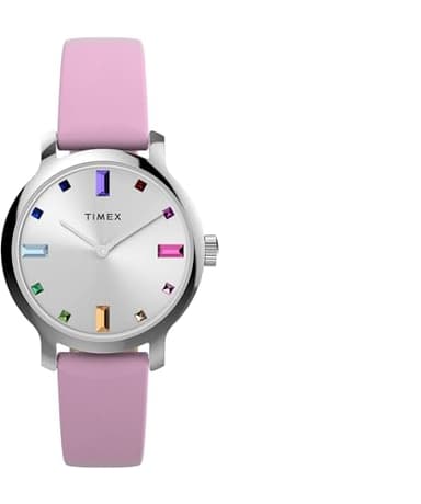 Timex Trend Montre pour femmes, 31 mm, bracelet en cuir violet à ouverture rapide, en deux pièces, cadran argenté, boîtier argenté TW2W84800