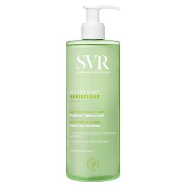 SVR - Sebiaclear Gel Moussant - Nettoyant purifiant anti-imperfections - Pour peaux mixtes à grasses, sensibles et à tendance acnéique - Gluconolactone4%, acide salicylique 0,5% - 400 ml