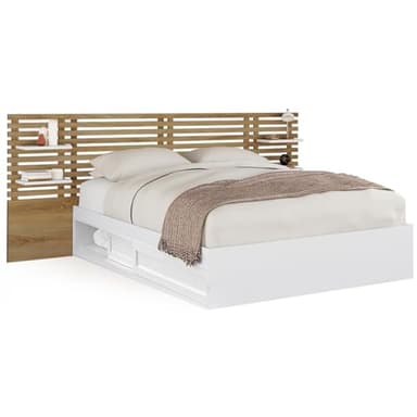 IDMarket - Lit Double Savana avec tête de lit, chevets, rangements et sommier 140 x 190 cm Blanc et façon hêtre