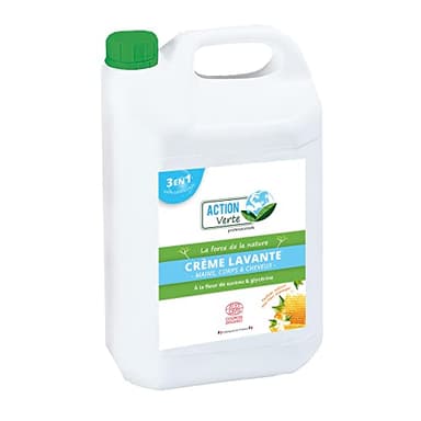 ACTION VERTE - Crème lavante - Nettoie les mains, corps & cheveux - Certification Ecocert - Formule naturelle - Parfum fleur d'oranger et miel- 5L - Fabrication française