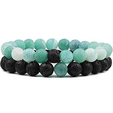 Ruluti 2pcs / Set Green Black Beads Breads Bracelets Set Énergie Rope Élastique Lava Pierre Bracelets Couples Distance Bijoux Cadeau