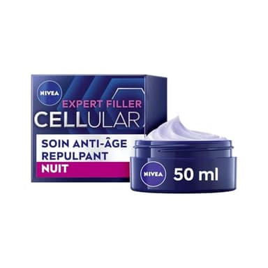 NIVEA Cellular Expert Filler - Soin Visage Anti-Age Repulpant - Crème De Nuit - Hydrate, Raffermit, Redonne Volume & Réduit Rides - Acide Hyaluronique & Acide Folique Pur - Tous Types De Peaux - 50 ml