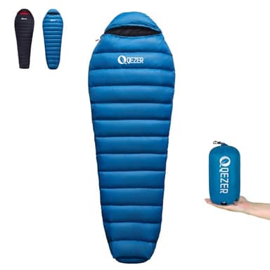 Sac de Couchage en Duvet QEZER, Seulement 820 g, Sac de Couchage léger, Petit Format, Contient 660 FP Down, Convient pour Le Camping 3 Saisons, la randonnée et Les Excursions en Plein air (Bleu)