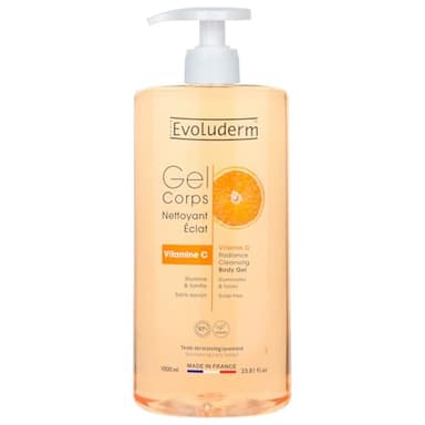 EVOLUDERM – Gel Corps Nettoyant Éclat Vitamine C – 1000 ml – 97% d’Origine Naturelle – Végan – Fabrication Française