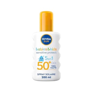 NIVEA SUN Kids Spray solaire Protect & Play Sensitive FPS 50+ (1x200 ml), protection anti UV sans parfum & ultra résistante à l’eau, écran solaire enrichi en aloe vera