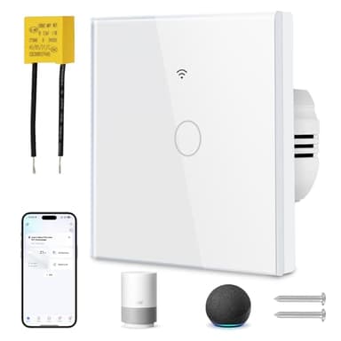 Ainiv Interrupteur WIFI Connecté, 1 Gangs Mural Interrupteur Tactile intelligent, avec Condensateur, Interrupteur Intelligent Compatible avec Tuya SmartLife Alexa Google Home, Blanc