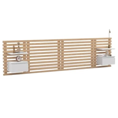 IDMarket - Tête de lit Suspendue en Lattes AVA 240 cm avec chevets + tiroir façon Bois Clair et Blanc