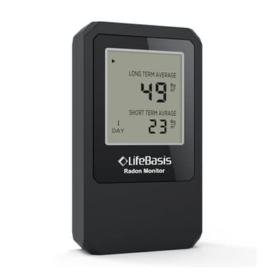 LifeBasis Détecteur de Radon, Radon Gas Detector avec Suivi à Court et à Long Terme pour Maison et Bureau Gamme de 0-18500 Mq/m³, Piles Non Incluses