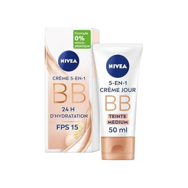 NIVEA - BB Crème 5 En 1 Teinte Médium - Crème Visage FPS 15 - Hydratation 24H - Réduit Imperfections & Signes De Fatigue - Huile De Jojoba Bio & Pigments Minéraux - Vegan - Tous Types De Peaux - 50 ml