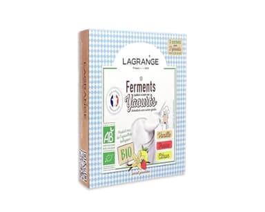 LAGRANGE Ferments yaourt aromatisés BIO, Fabrication française, 3 sachets aromatisées (1 Vanille / 1 Fraise /1 Citron) de 12g chacun, 1 sachet de ferment pour 1.5L de lait, 385002