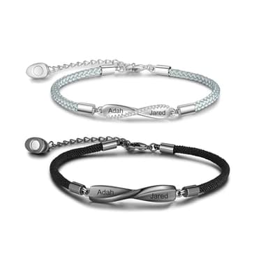 Jeweidea Bracelet Couple Personnalisé avec Prenom Bracelet Aimant Gravé pour Femme Homme Tressé Réglable Longue Distance Infini Cadeaux de Saint Valentin Cadeaux de Noël (Style 1)