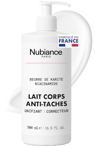 NUBIANCE - Lait Corps Éclaircissant & Unifiant Anti-Taches au Beurre de Karité - Protection contre l’Hyperpigmentation, Hydratation Profonde - Peau Douce, Souple et Lumineuse, 500ml