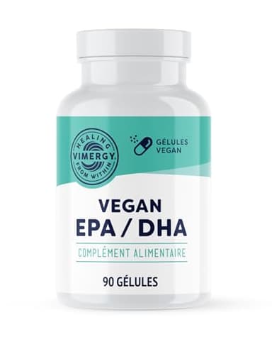 Vimergy Vegan EPA DHA (30 Portions) – Huile d'Algues Oméga 3 – EPA DHA – Huile Oméga 3 – Gélules d’Oméga-3 EPA DHA Sans Gélatine – Sans OGM ni Gluten, Casher (90 Unités)
