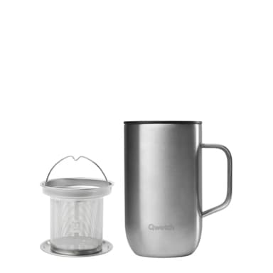 QWETCH - Mug Isotherme Inox Recyclé avec Anse & Filtre Infuseur Inox Brossé - Tisanière Isotherme 470ml - Thermo Café & Thé - 6h Chaud & 12h Froid - Bouchon Coulissant Anti-Éclaboussures