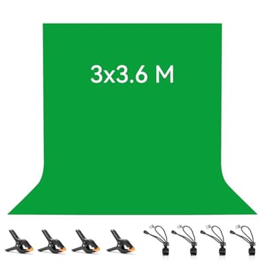 3 x 3.6 M Toile de Fond Vert, Vevelux Green Screen avec 8 Clips Anti-Plis, 100% Polyester Fond Vert Pliable Lavable Durable pour Photographie, Vidéo, Camera, Photo, Prise de Vue Vidéo