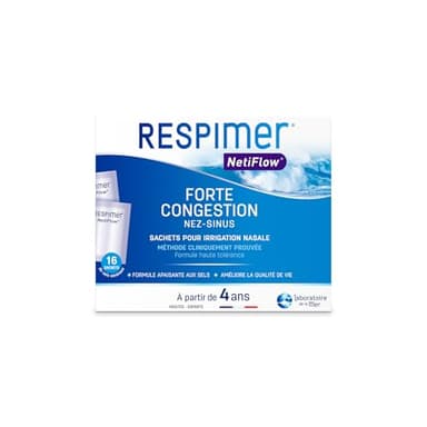 RESPIMER NetiFlow - 16 Sachets de Sels Minéraux - Lavage Nez - Complexe Breveté - Recharge Pour Kit Irrigation Nasale - Rhinites & Rhinosinusites - Dès 4 Ans - Fabriqué en France.