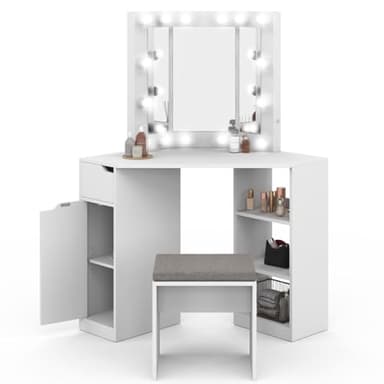 IDMarket - Coiffeuse d'angle Zelia Blanche 3 miroirs LED, 3 étagères, 1 tiroir, 1 Caisson de Rangement et Tabouret