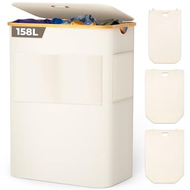 OUSFOT Panier à linge 3 Compartiments avec Couvercle 158L Corbeille a linge pliable en Tissu Oxford 600D avec Sac à linge amovible, Poche avant en tissu, Bac a linge Laundry baskets, Beige