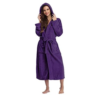 Generisch Peignoir de bain pour femme - Avec capuche - En polaire - Chaud - Couleur unie - Doux et confortable - Décontracté - Pour spa, maison et hôtel - Avec ceinture et poches, Violet 5., XL