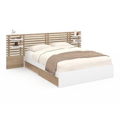 IDMarket - Lit Double Savana avec tête de lit, chevets, rangements et sommier 140 x 190 cm hêtre et Blanc