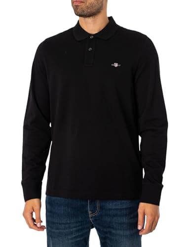 GANT REG LS Rugger À Manches Longues en Piqué Shield Regular, Black, L Homme