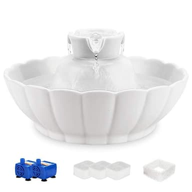 iPettie Fontaine en céramique pour Chat 2,1L | Fontaine en céramique | en Bonne santé | Super Calme | Facile à démonter/Nettoyer | filtres organiques Bon marché | avec Pompe de Rechange (Lotus Blanc)
