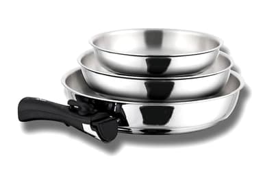 Cflagrant Set 3 Poêles Inox 18/10 avec Manche Amovible – Sans PFAS, Sans PTFE, Sans PFOA – Compatible Induction, Four & Lave-Vaisselle – Poêles Empilables 20/24/28 cm – Cuisine Naturelle