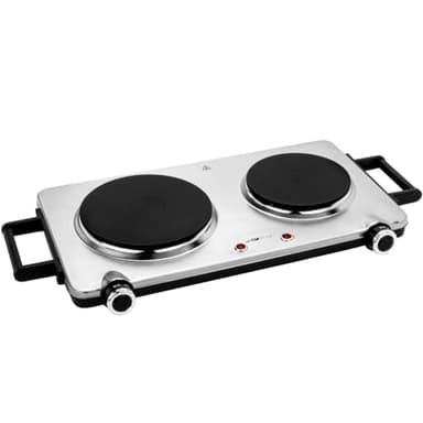 Clatronic Double plaque de cuisson DKP 3668 E, pour le camping, la cuisine ou le bureau, deux plaques de cuisson, thermostats réglables en continu, poignées Cool Touch, inox