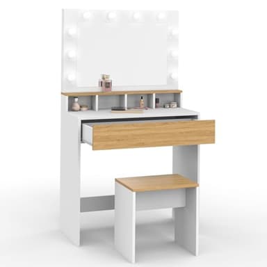 IDMarket - Coiffeuse Zelia Blanc et hêtre Miroir LED avec 4 niches, 1 tiroir et Tabouret