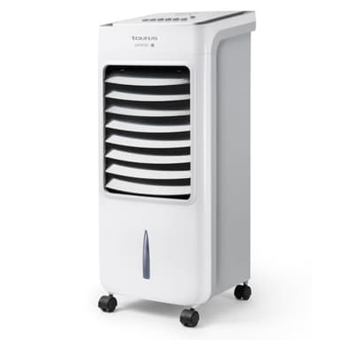 Taurus R850 - Climatiseur mobile 80W, 2 en 1, refroidit, ventile, humidifie, 3 vitesses et modes, minuterie 7 heures, réservoir 7L, télécommande, comprend 2 bacs à glace Blanc
